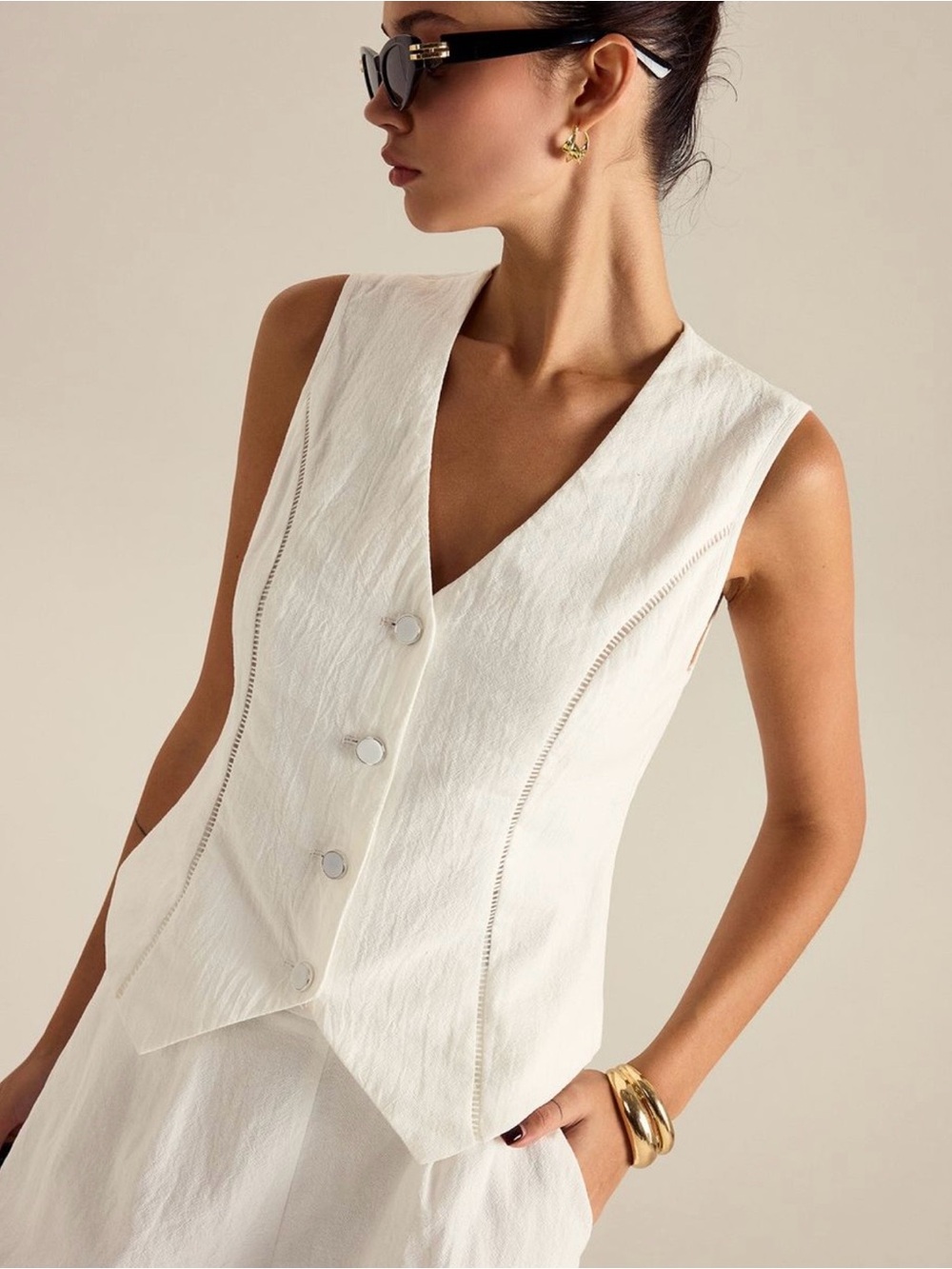 Commense Cotton Button Detail Vest Top With Pockets Shorts Set - Picture 4 of 5